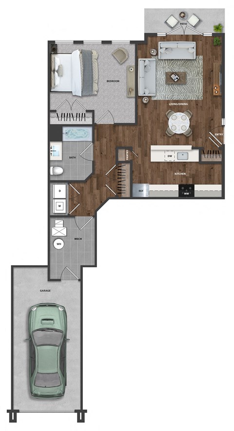 Floor plan for 1 bed, 1 bath, 844 sqft